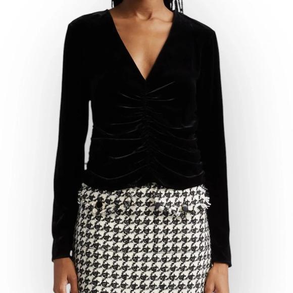 Veronica Beard Black Pelona Velvet Ruched Long Sleeve V Neck Blouse Size 4 NWOT - Picture 1 of 10
